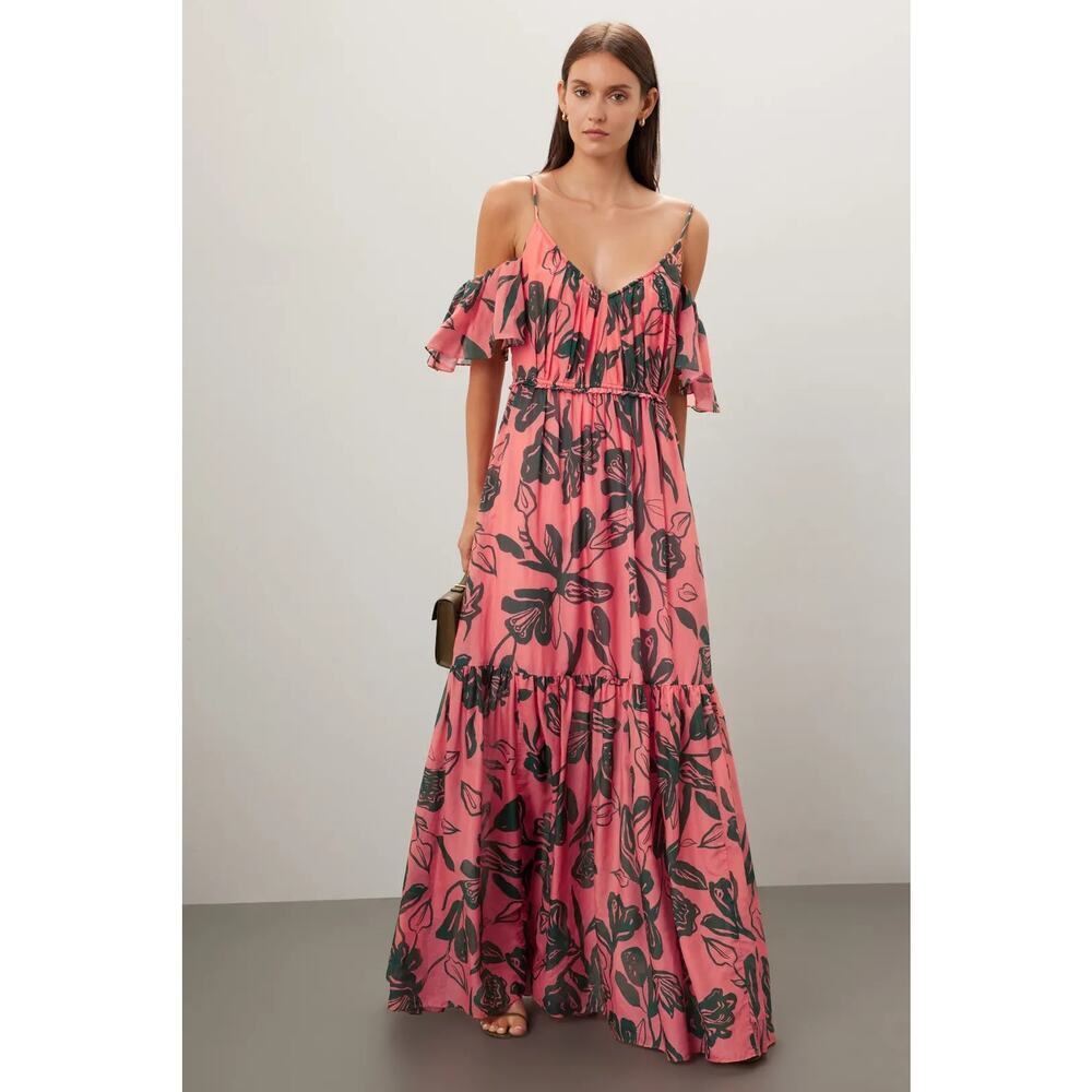 Tanya Taylor Beverly Dress Floral Silk Blend Cold Shoulder Maxi Pink Black 6